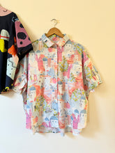 Loose Button Down Top with Pastel City Print