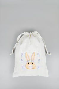 Bunny and Flowers on Light Canvas Medium Drawstring Pouch