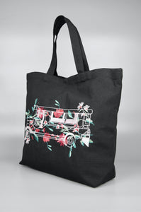 Floral Jeepney on Black Canvas Shopping Tote