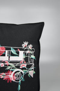 Floral Jeepney on Black Canvas Cushion Cover
