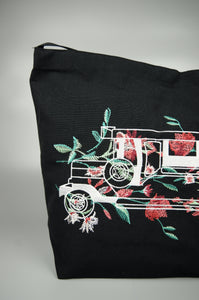 Floral Jeepney on Black Canvas Medium Sling Bag