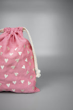 Hearts on Red Cotton Chambray Medium Drawstring Pouch