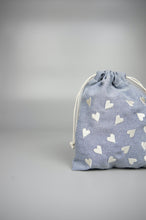 Hearts on Blue Cotton Chambray Mini Drawstring Pouch