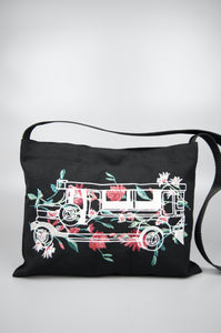 Floral Jeepney on  Black Canvas Small Sling Bag