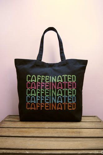 Caffeinated on Black Canvas Shopping Tote