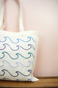 Waves on Small Natural Canvas Tote