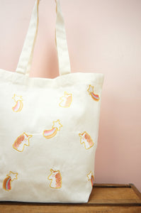 Unicorn and Shooting Stars on Natural Canvas Shoulder Tote