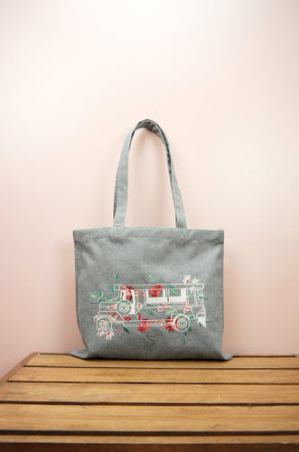 Floral Jeepney on Gray Heavy Canvas Small Tote