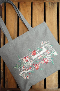 Floral Jeepney on Gray Heavy Canvas Small Tote