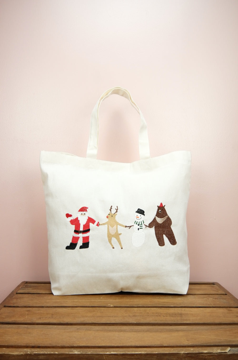 Santa and Friends on Natural Canvas Shopping Tote