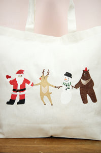 Santa and Friends on Natural Canvas Shopping Tote