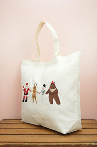 Santa and Friends on Natural Canvas Shopping Tote