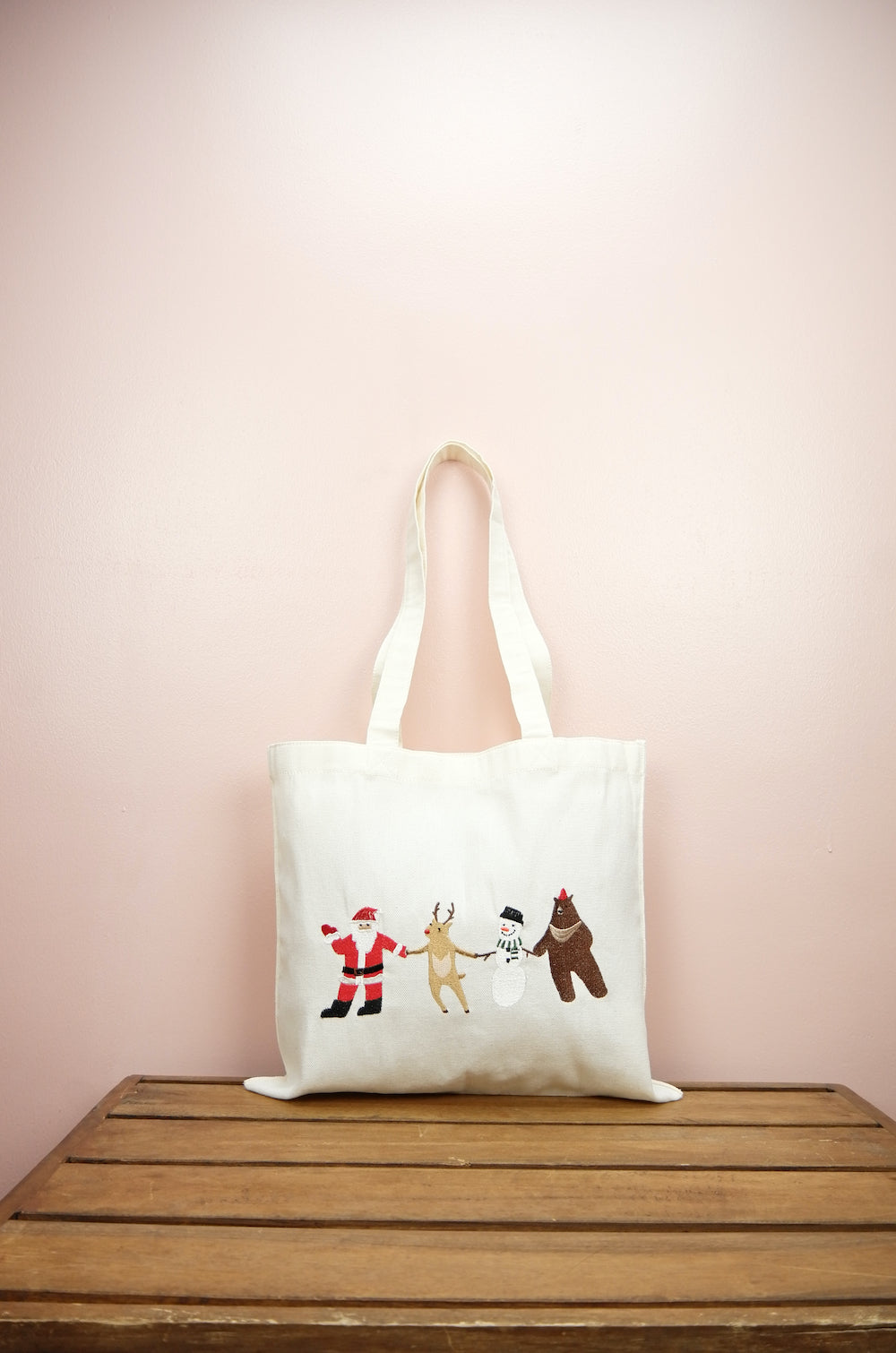 Santa and Friends on Small Natural Canvas Tote