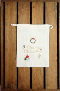 Christmas Elements on Light Canvas Medium Drawstring Pouch