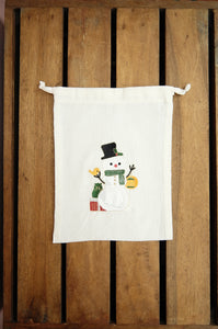 Snowman with Lantern on Light Canvas Medium Drawstring Pouch