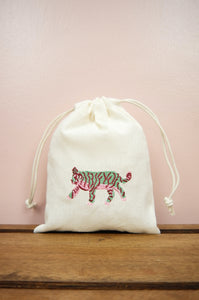 Pink and Green Tiger on Light Canvas Mini Drawstring Pouch