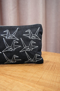 Paper Cranes on Small Denim Zip Up Pouch