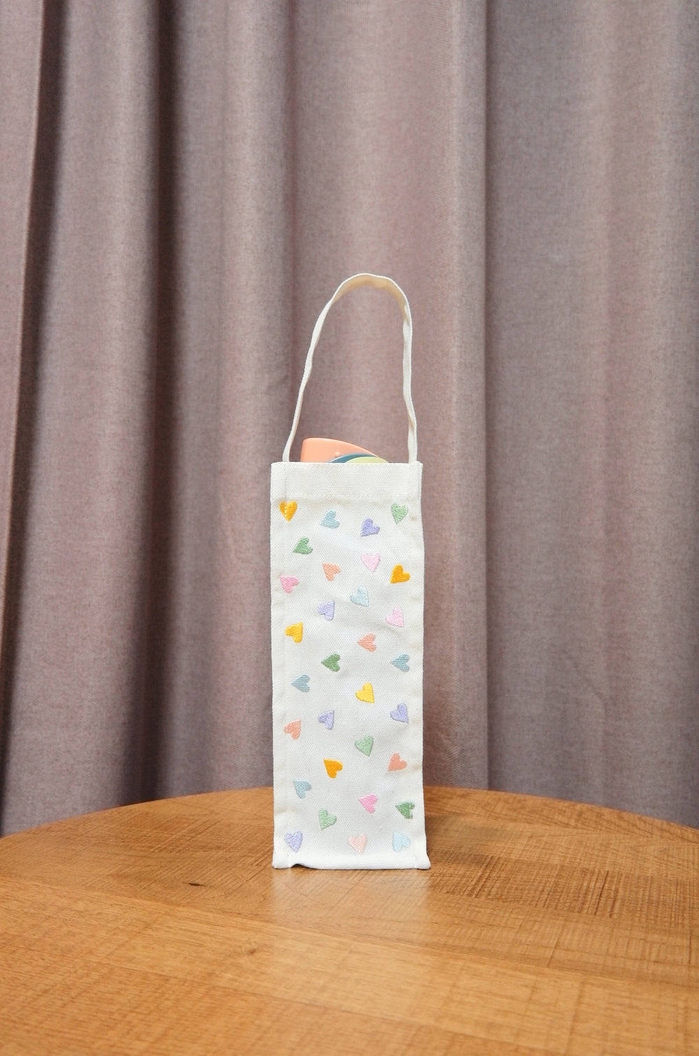 Pastel Hearts on Natural Canvas Water Bottle Bag