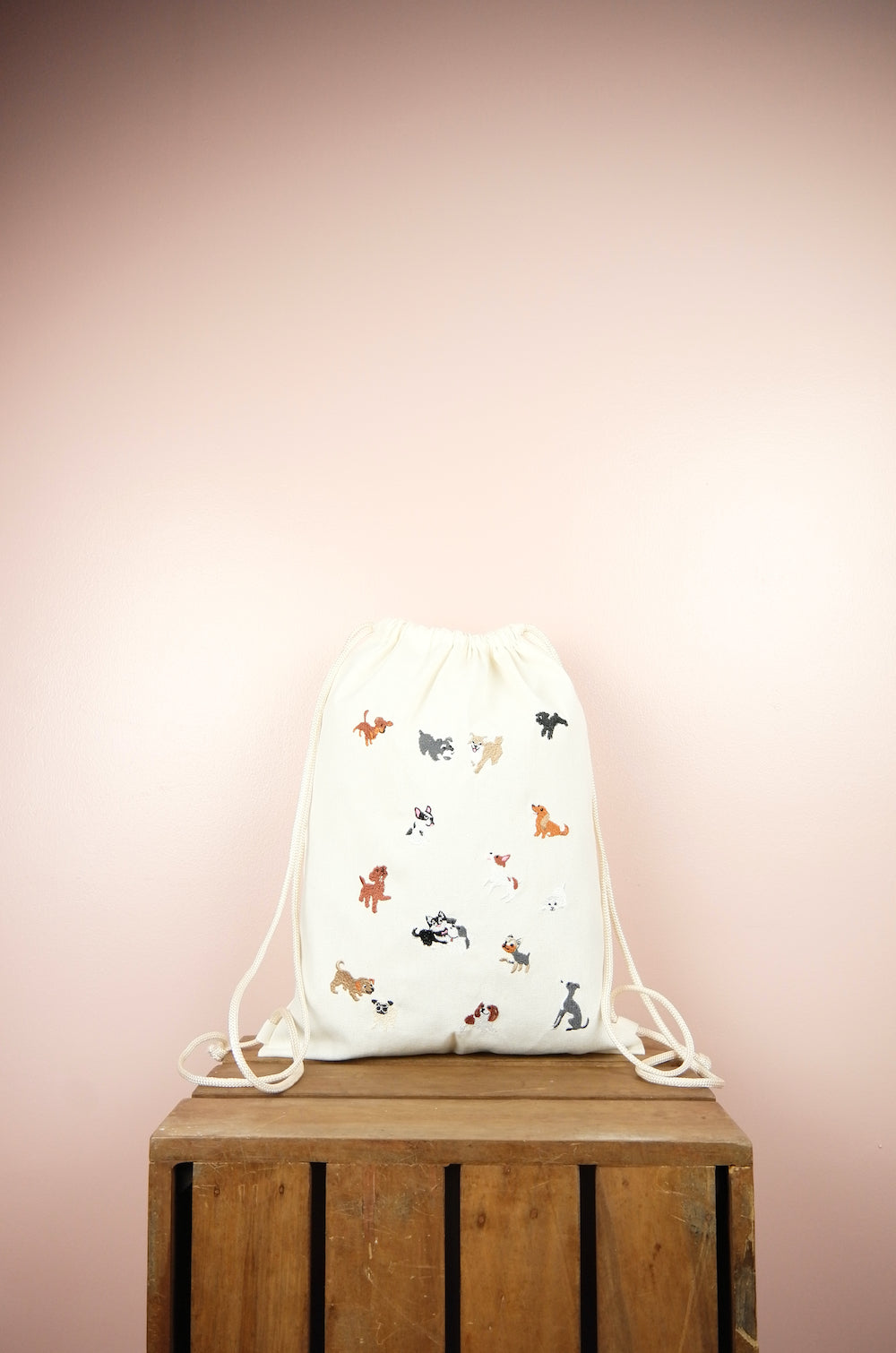 Puppies on Natural Canvas Drawstring Backpack
