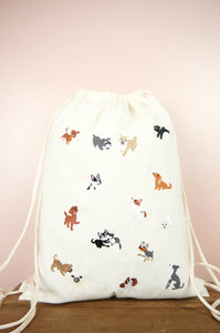 Puppies on Natural Canvas Drawstring Backpack