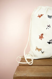 Puppies on Natural Canvas Drawstring Backpack