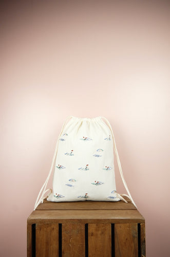 Beach on Natural Canvas Drawstring Backpack