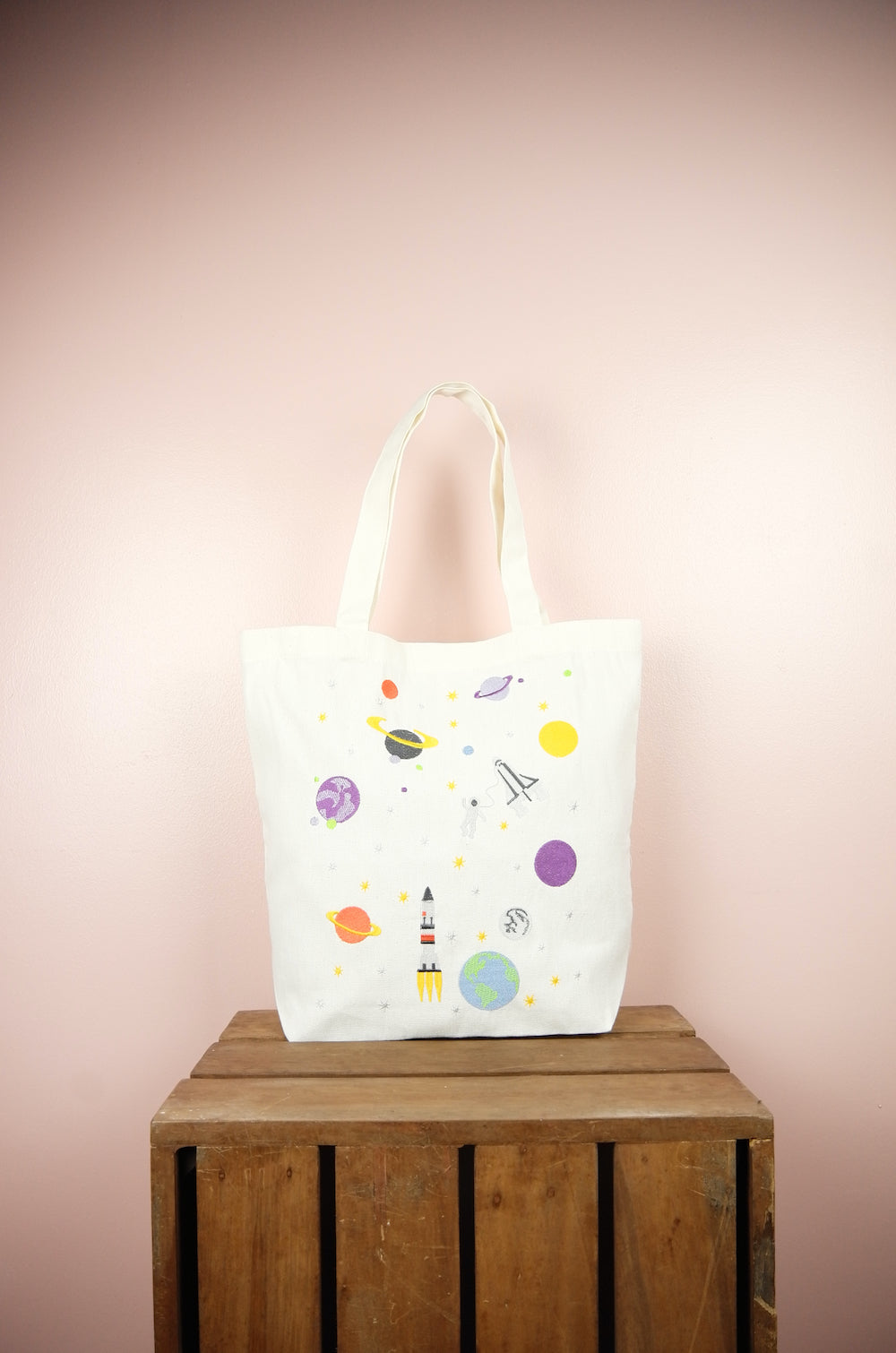 Planets on Natural Canvas Shoulder Tote
