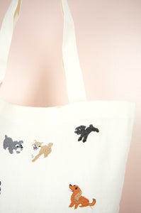 Puppies on Natural Canvas Shoulder Tote
