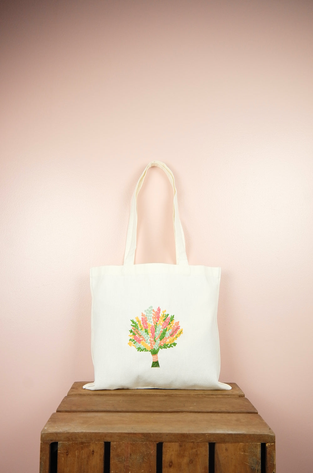 Spring Bouquet on Small Natural Canvas Tote