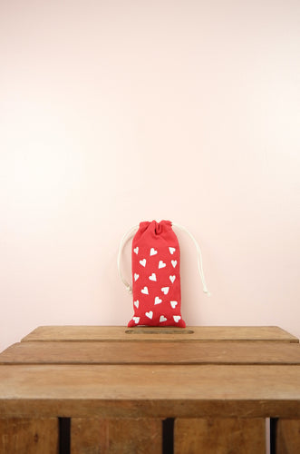 Hearts on Red Canvas Mobile Phone Drawstring Pouch