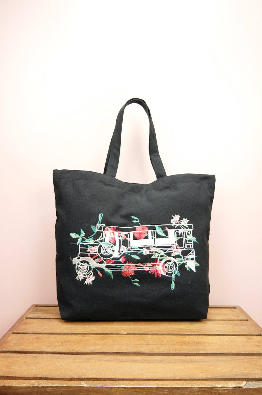 Floral Jeepney on Black Canvas Shopping Tote