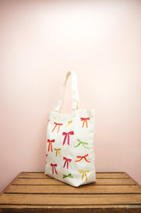 Ribbons on Natural Canvas Shoulder Tote