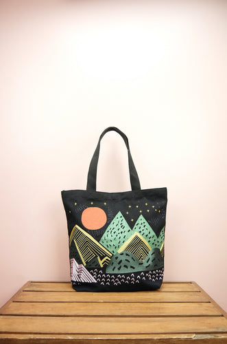 Mountains at Dusk on Black Heavy Canvas Shoulder Tote