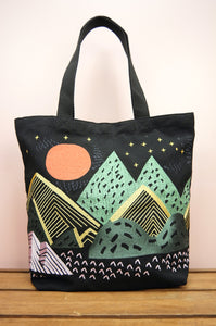 Mountains at Dusk on Black Heavy Canvas Shoulder Tote