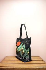 Mountains at Dusk on Black Heavy Canvas Shoulder Tote