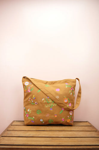 Flowers on Dark Khaki Canvas Medium Sling Bag