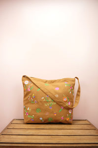 Flowers on Dark Khaki Canvas Medium Sling Bag