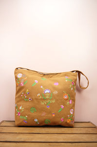 Flowers on Dark Khaki Canvas Medium Sling Bag