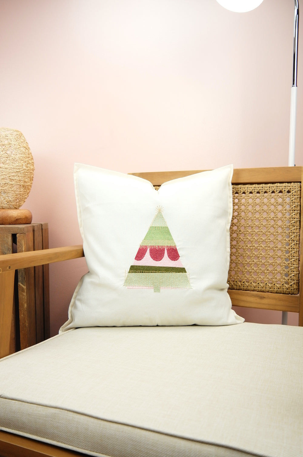 Pink and Green Christmas Tree on Light Canvas Cushion Cover
