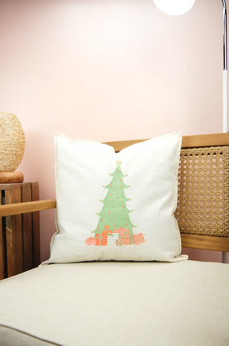 Pastel Christmas Tree on Light Canvas Cushion Cover