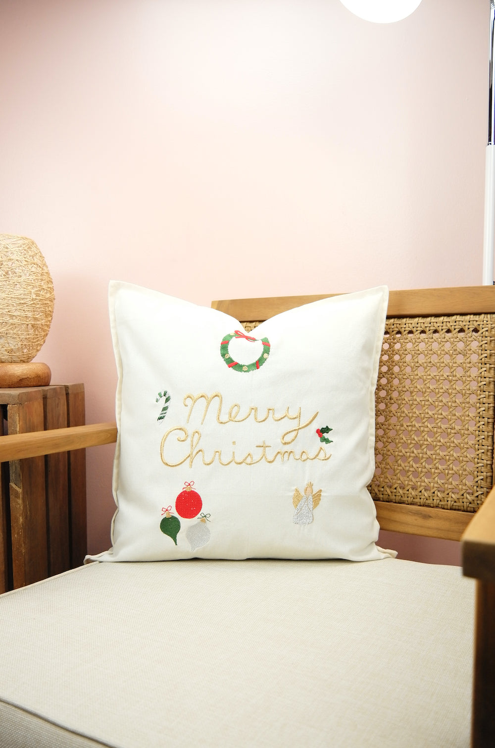 Christmas Elements on Light Canvas Cushion Cover