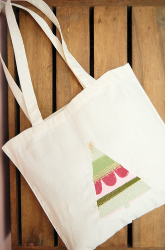 Pink and Green Christmas Tree on Natural Canvas Small Tote