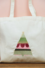 Pink and Green Christmas Tree on Natural Canvas Small Tote