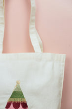 Pink and Green Christmas Tree on Natural Canvas Small Tote