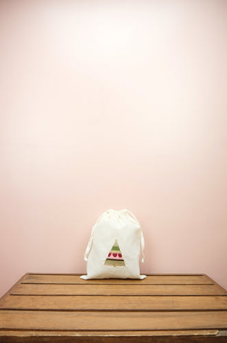 Pink and Green Christmas Tree on Light Canvas Medium Drawstring Pouch