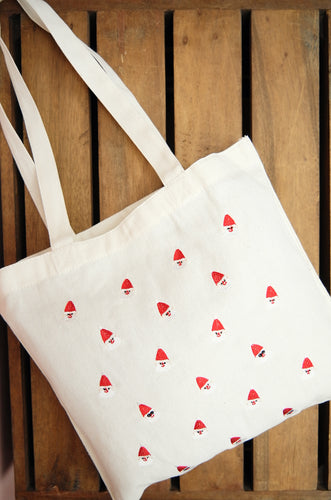 Mini Santas on Natural Canvas Small Tote