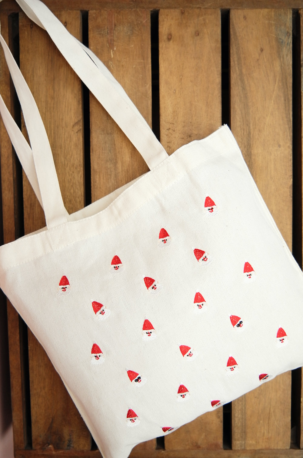 Mini Santas on Natural Canvas Small Tote