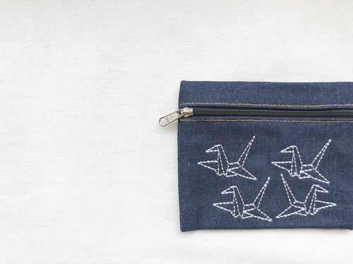 Silver Paper Cranes on Denim Wallet