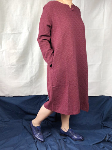 Heavy Cotton Long Sleeved Dress with Oriental Details in Merlot