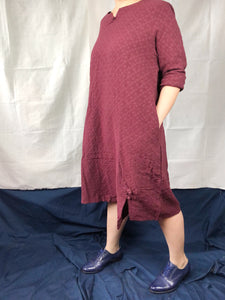 Heavy Cotton Long Sleeved Dress with Oriental Details in Merlot